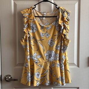 PerSeption Butter Yellow Floral Peplum Top Ruffle Sleeves Women’s Plus Size 3X